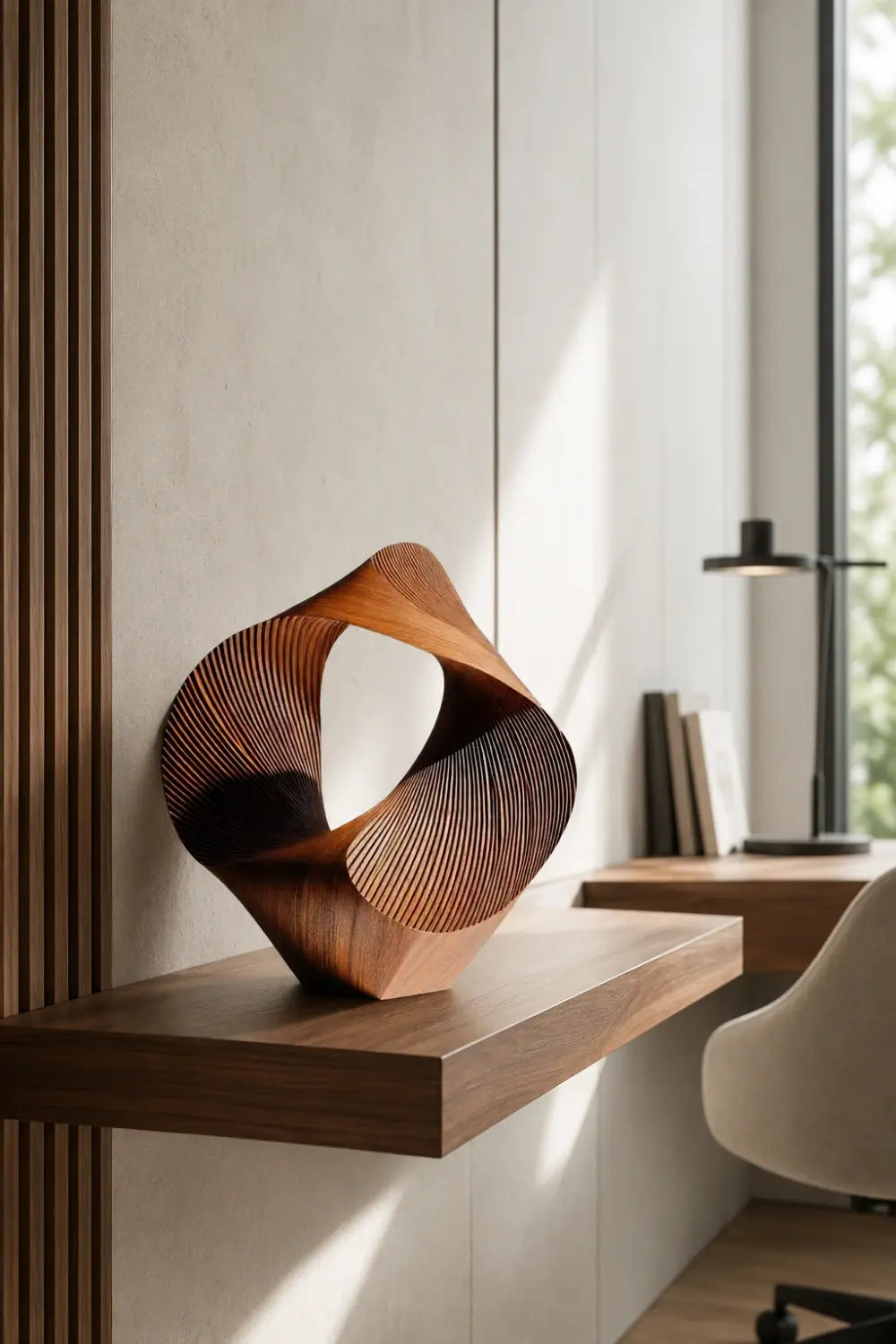 Abstract Wood Sculpture | Fluted Geometry Statue | Modern Tabletop Art
