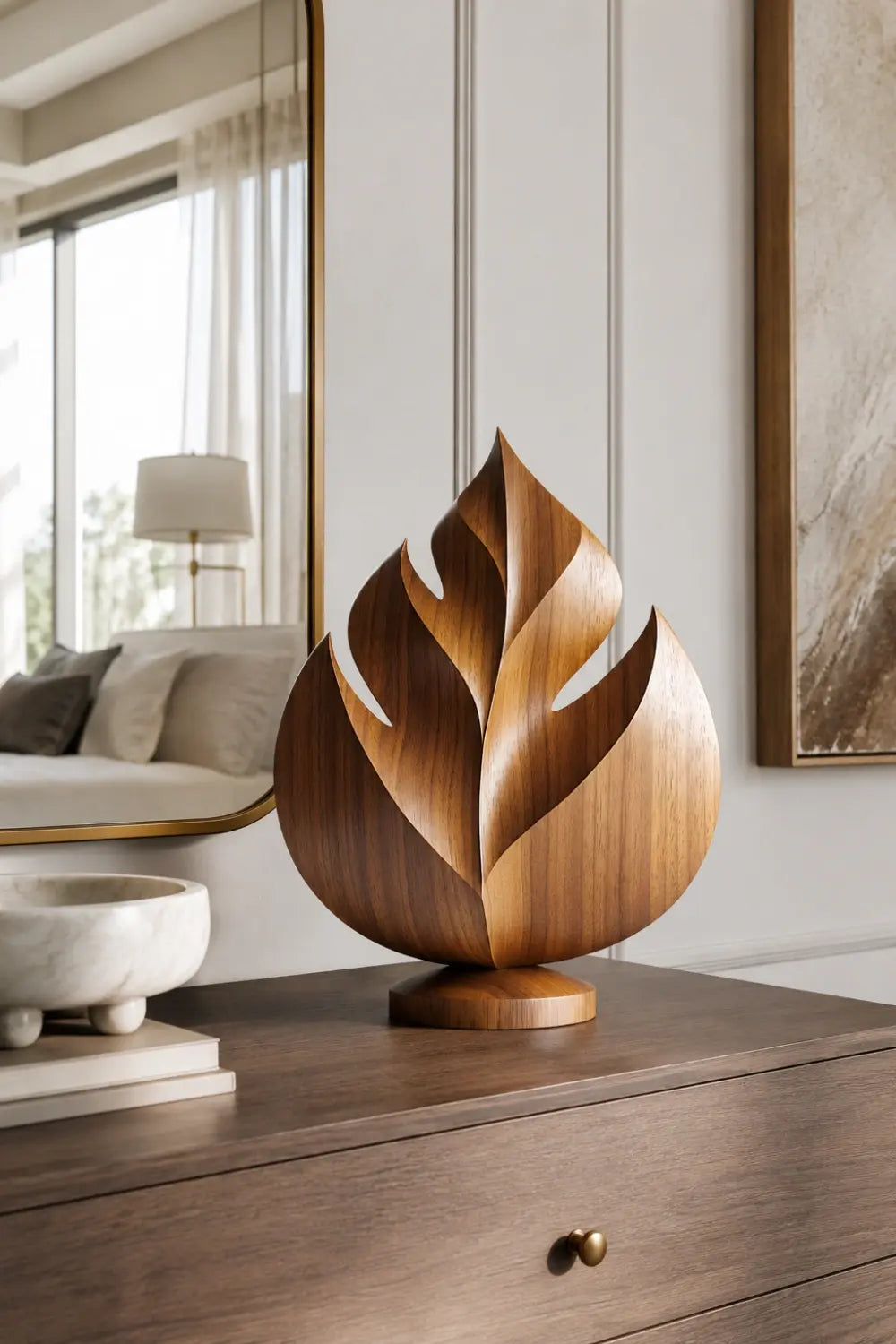 Carved Wood Tropical Leaf Sculpture | Abstract Botanical Home Decor