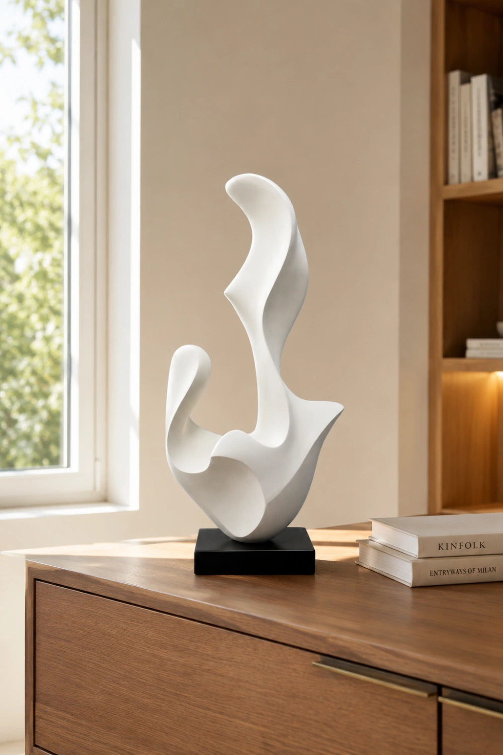 White Abstract Wood Sculpture | Modern Organic Statue | Luxury Gallery Decor