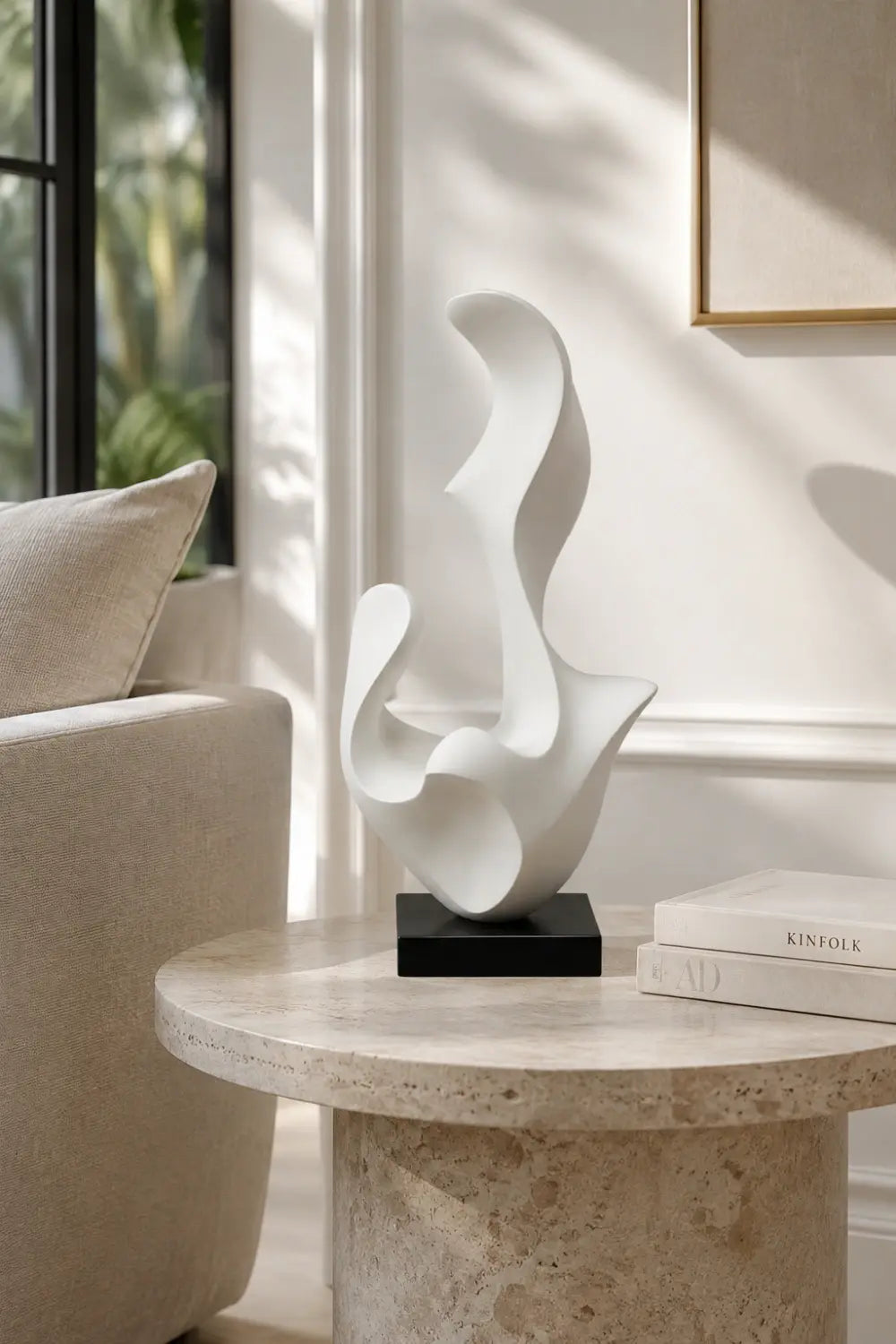 White Abstract Wood Sculpture | Modern Organic Statue | Luxury Gallery Decor