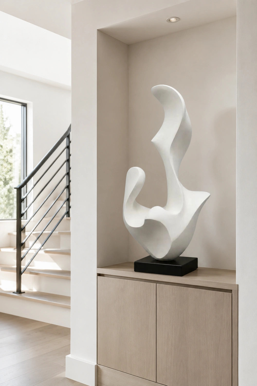 White Abstract Wood Sculpture | Modern Organic Statue | Luxury Gallery Decor