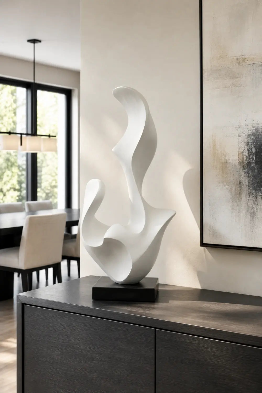 White Abstract Wood Sculpture | Modern Organic Statue | Luxury Gallery Decor