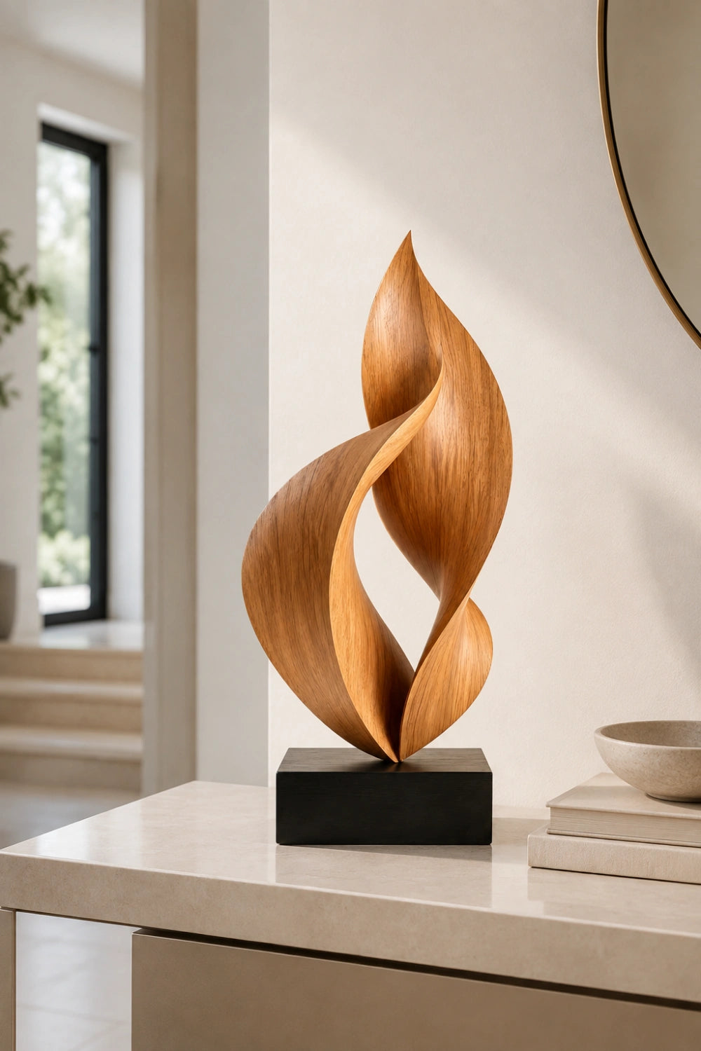 Twisted Flame Wood Sculpture | Abstract Ribbon Statue | Hearth Display Gift