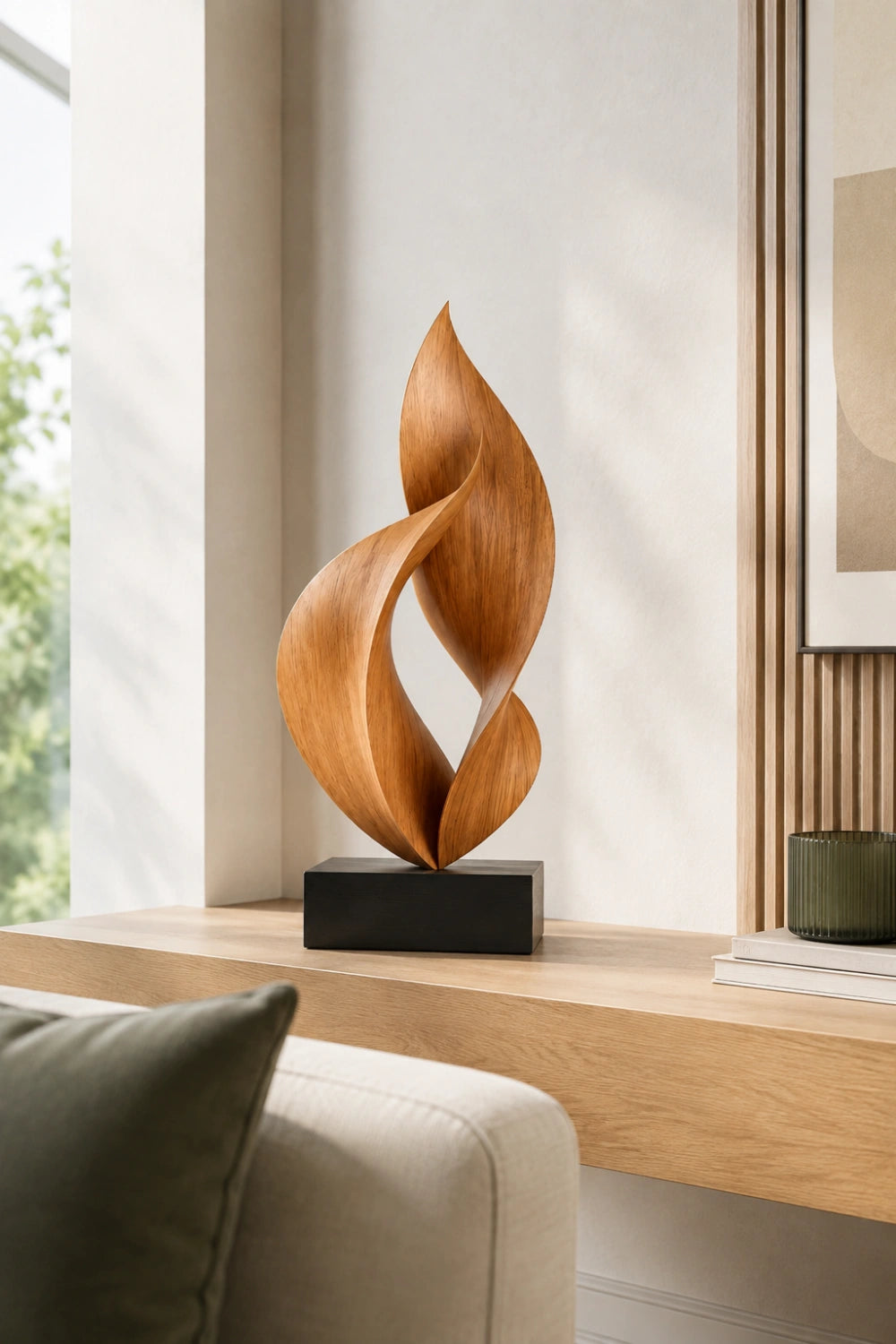 Twisted Flame Wood Sculpture | Abstract Ribbon Statue | Hearth Display Gift