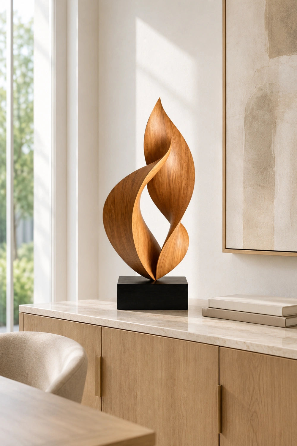 Twisted Flame Wood Sculpture | Abstract Ribbon Statue | Hearth Display Gift