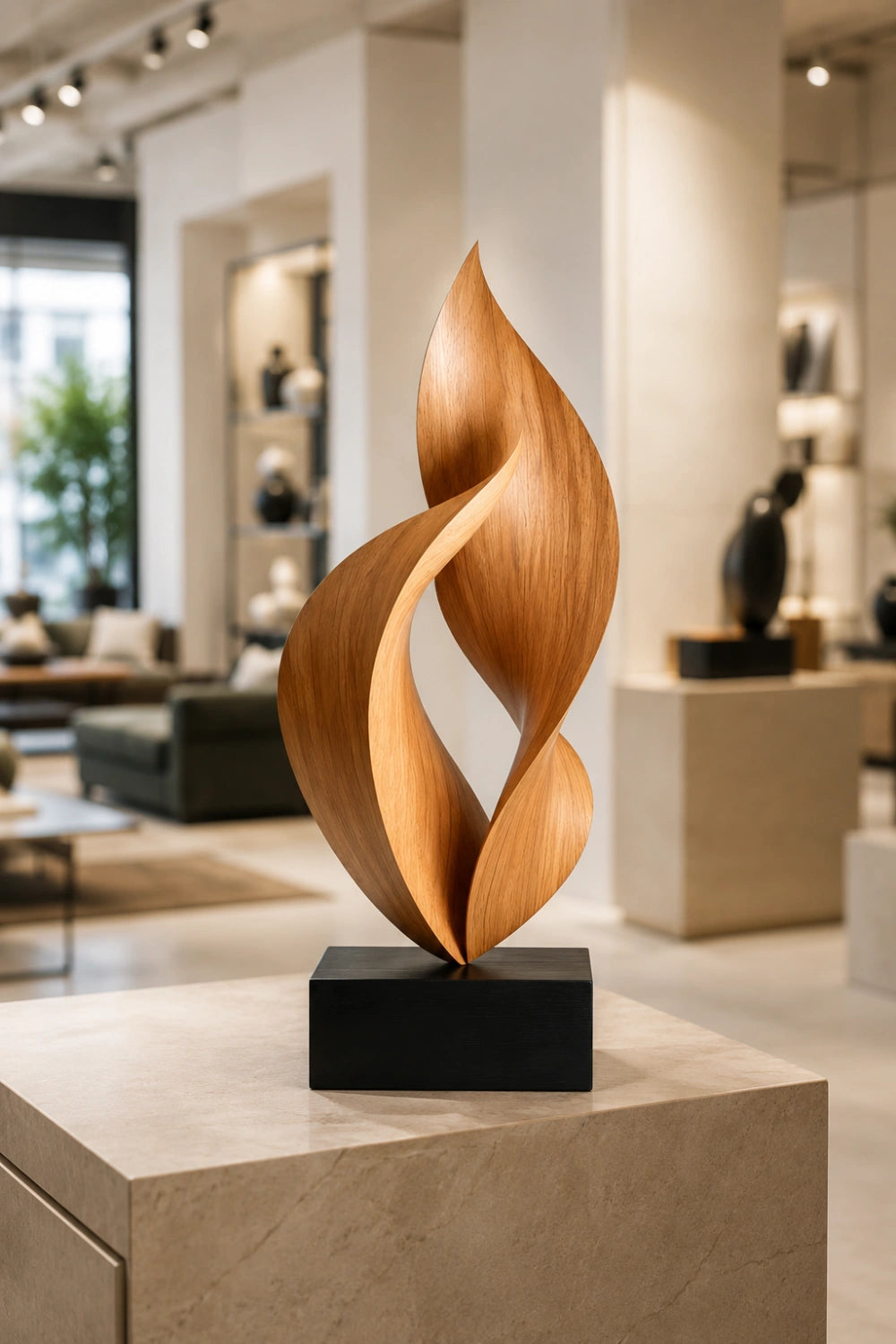 Twisted Flame Wood Sculpture | Abstract Ribbon Statue | Hearth Display Gift