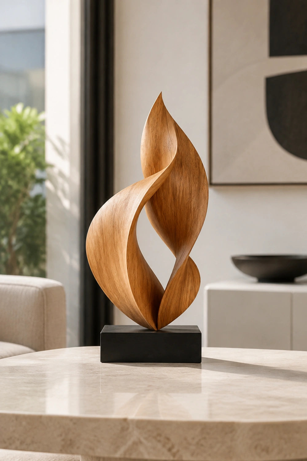 Twisted Flame Wood Sculpture | Abstract Ribbon Statue | Hearth Display Gift