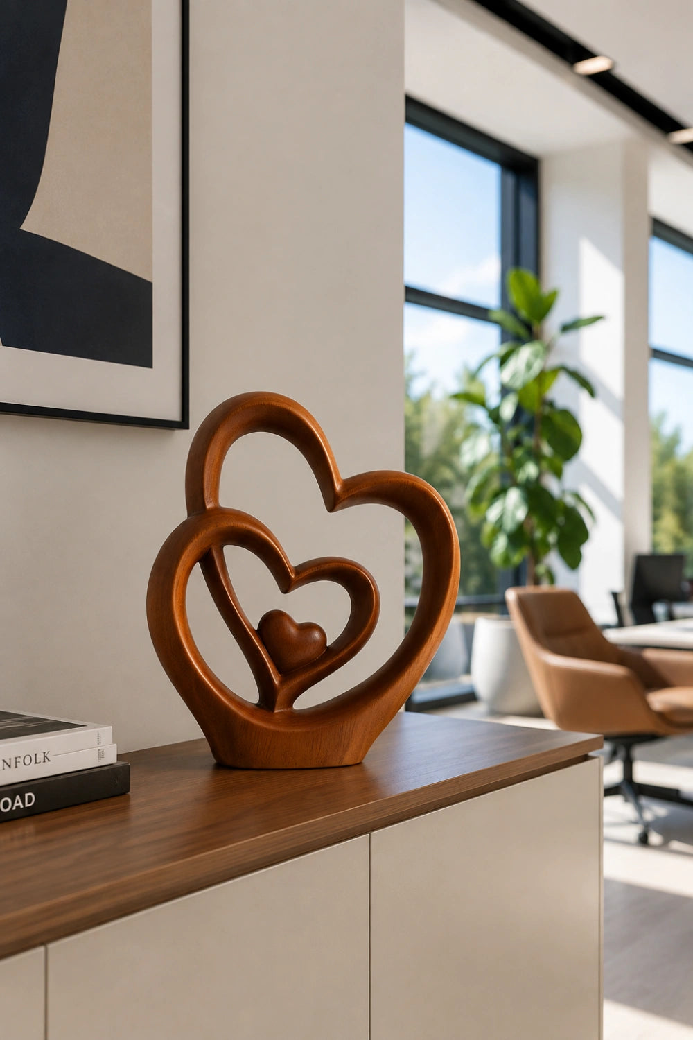 Carved Wood Triple Heart Statue | Love Decoration Gift