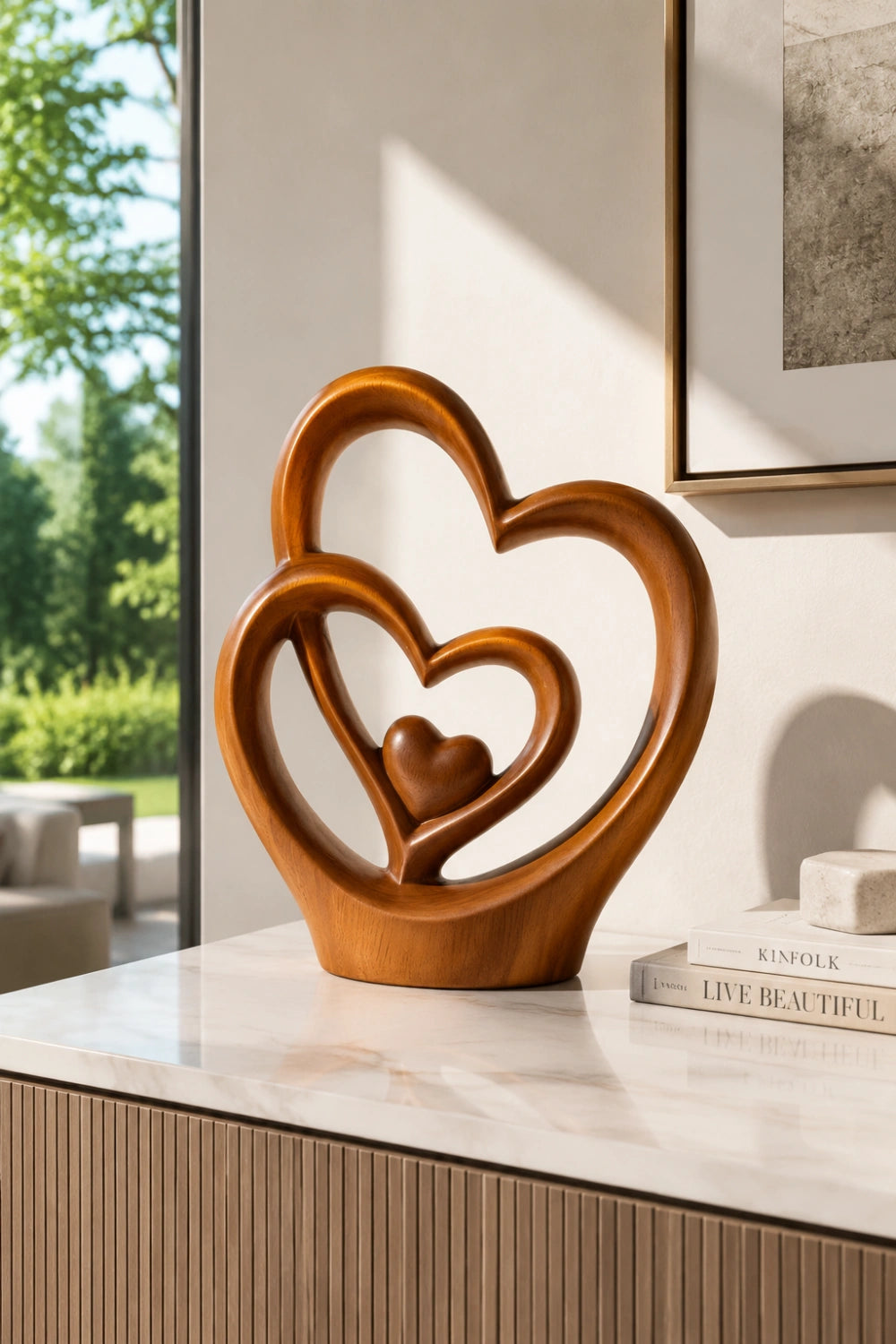 Carved Wood Triple Heart Statue | Love Decoration Gift
