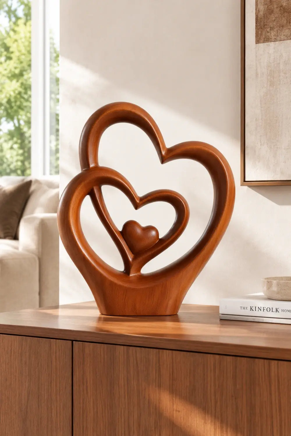 Carved Wood Triple Heart Statue | Love Decoration Gift
