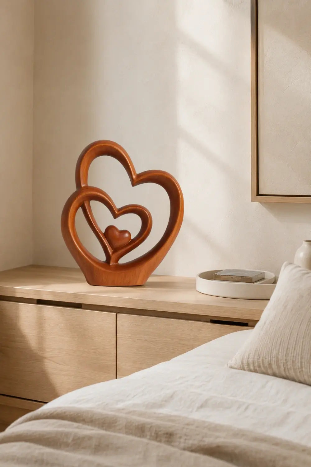Carved Wood Triple Heart Statue | Love Decoration Gift