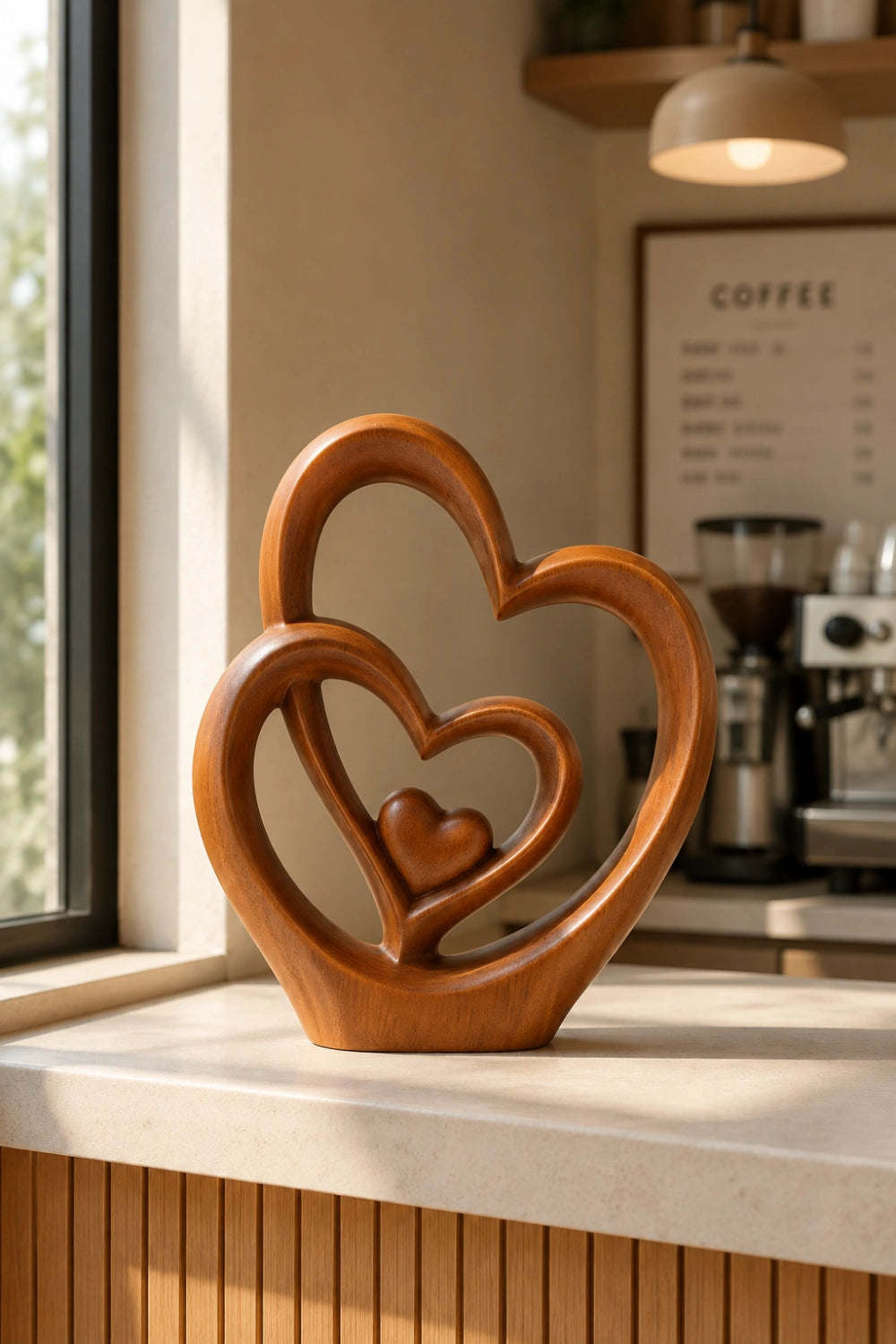 Carved Wood Triple Heart Statue | Love Decoration Gift