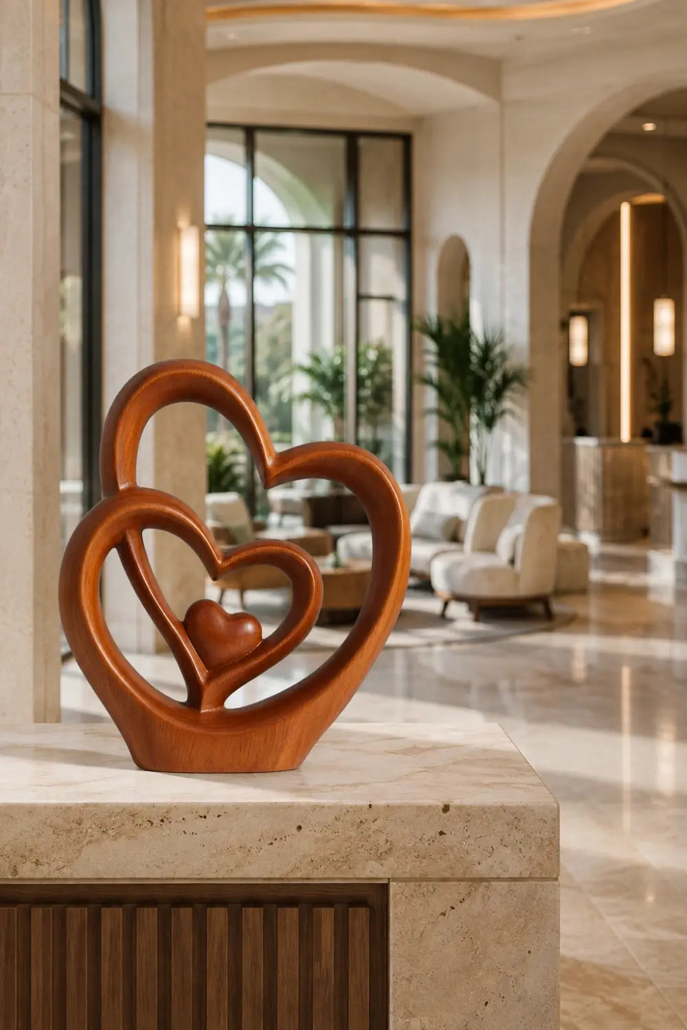 Carved Wood Triple Heart Statue | Love Decoration Gift