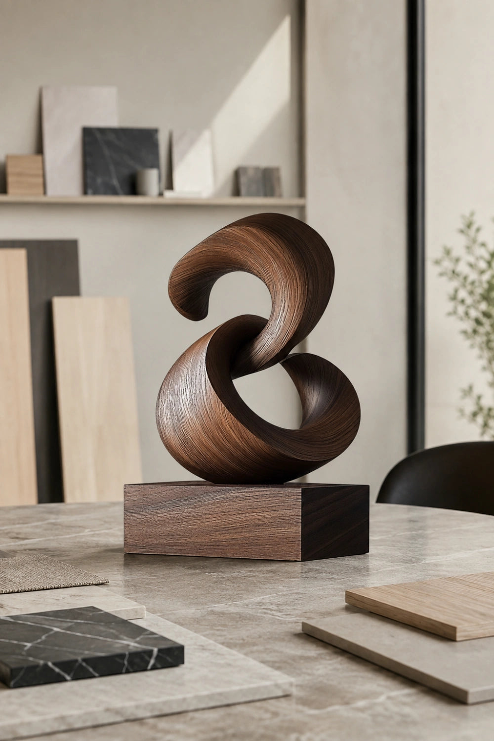 Interlocking Wood Sculpture | Dark Walnut Abstract Twist Art