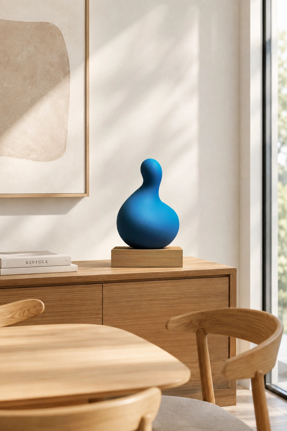 Blue Abstract Wood Sculpture | Modern Painted Tabletop Art