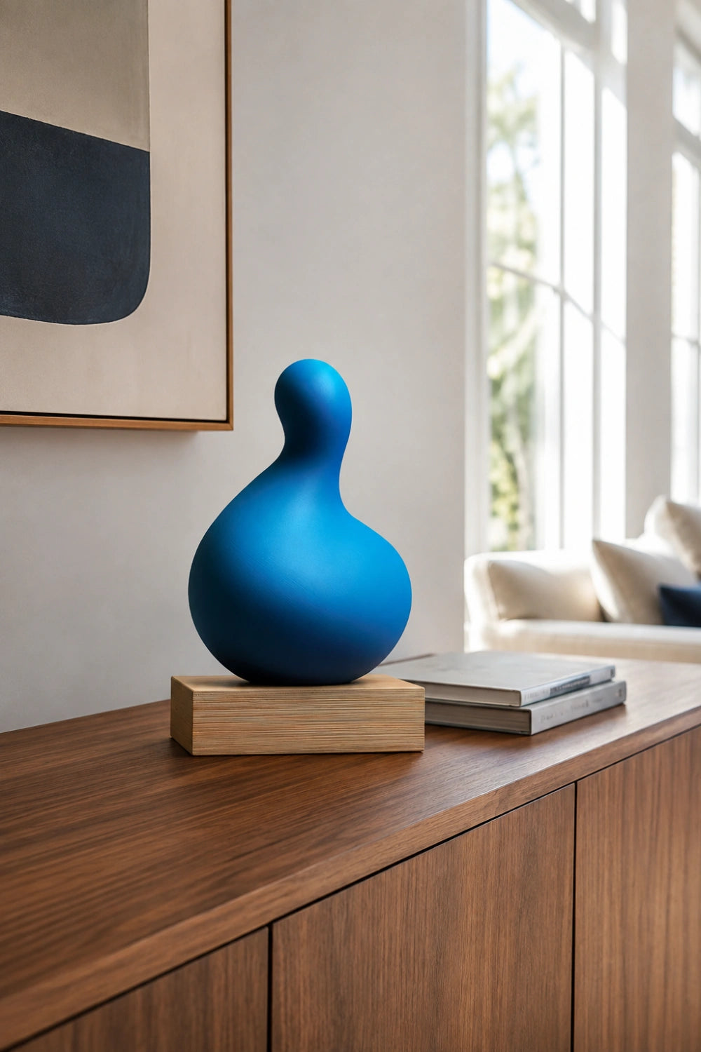 Blue Abstract Wood Sculpture | Modern Painted Tabletop Art