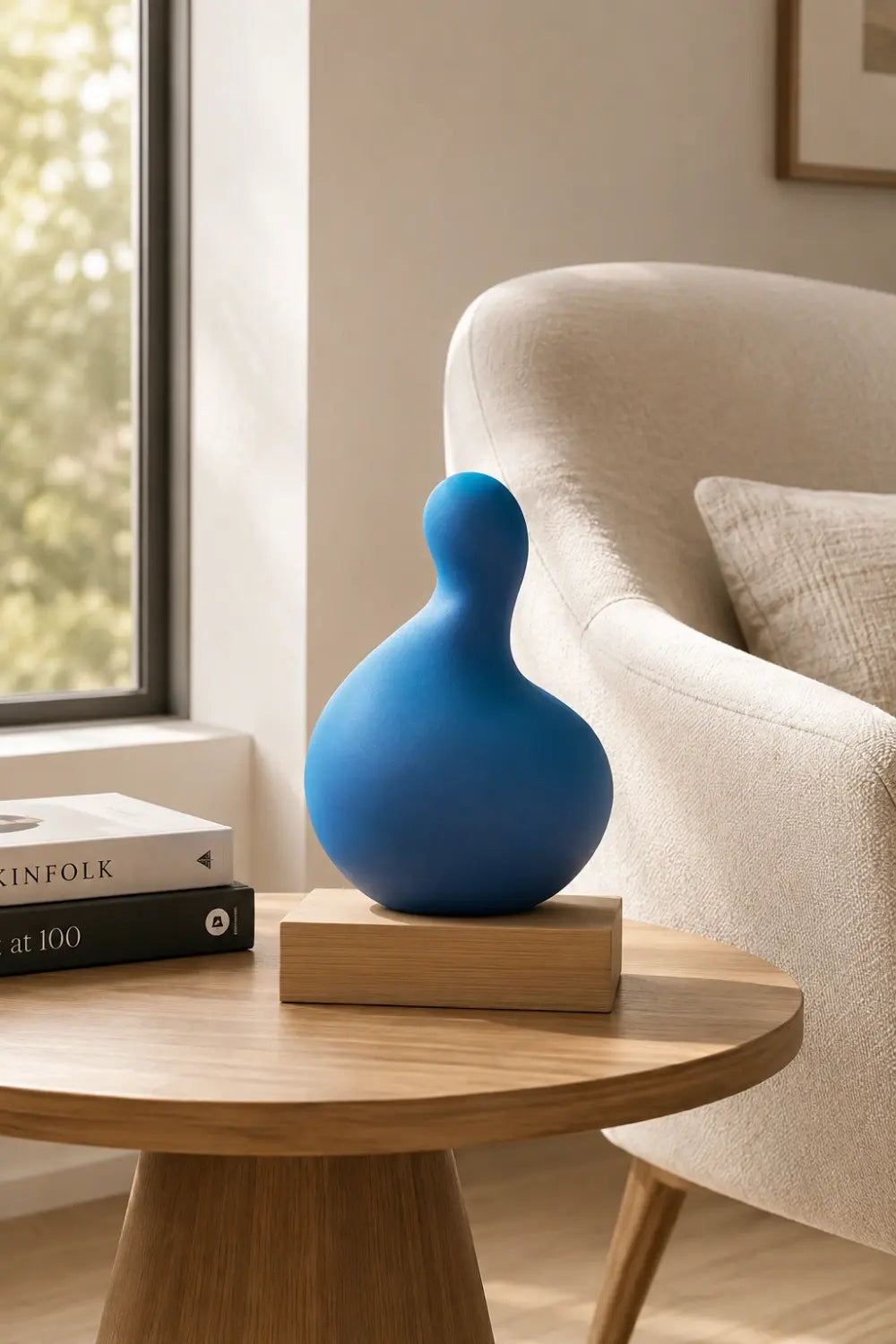 Blue Abstract Wood Sculpture | Modern Painted Tabletop Art