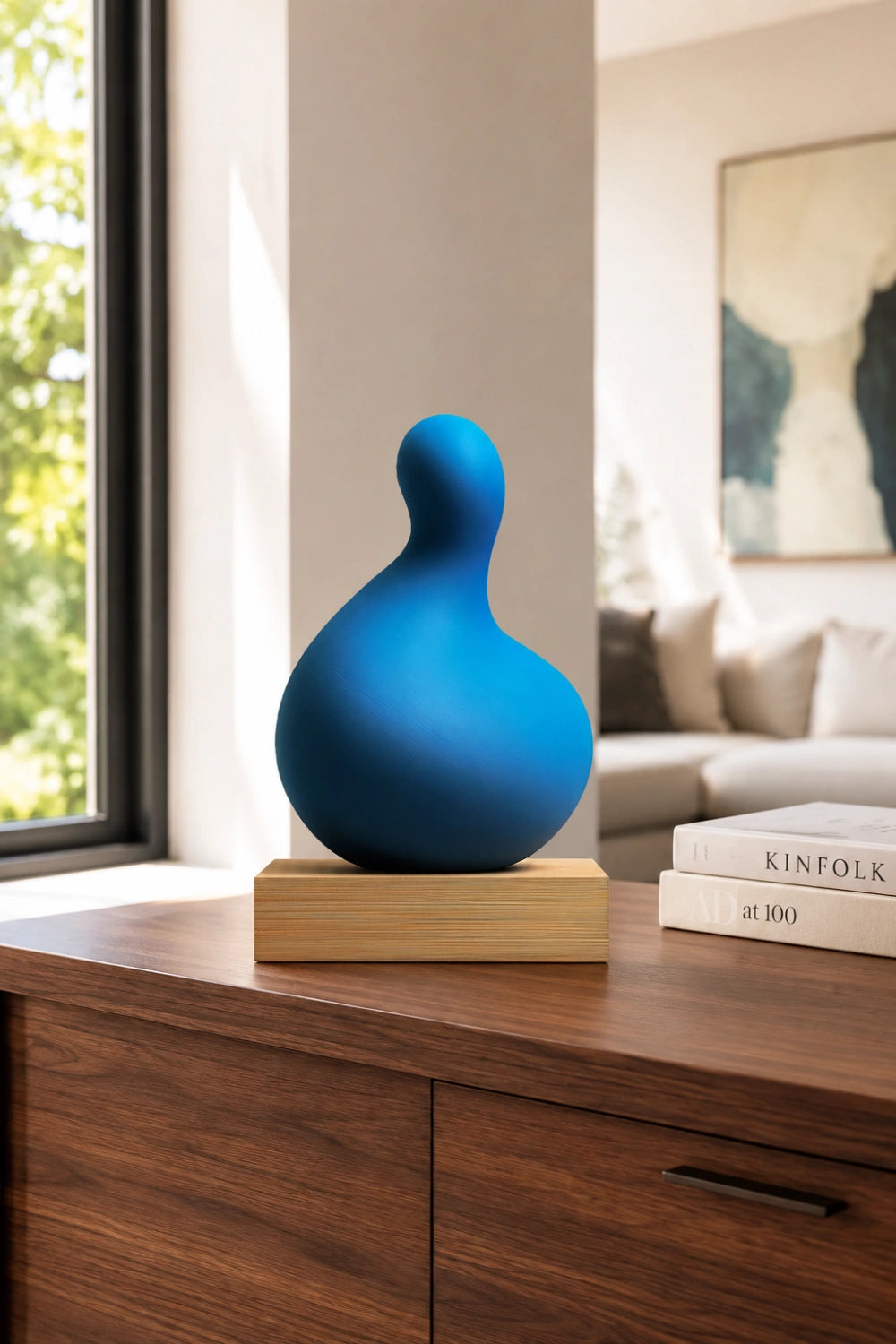 Blue Abstract Wood Sculpture | Modern Painted Tabletop Art