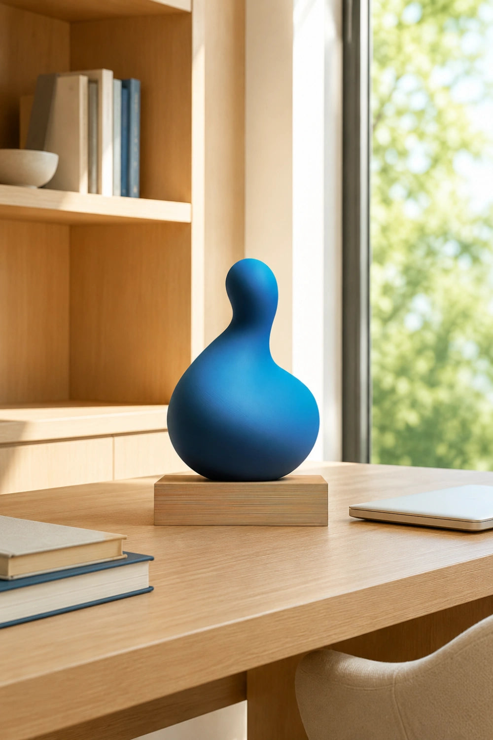 Blue Abstract Wood Sculpture | Modern Painted Tabletop Art