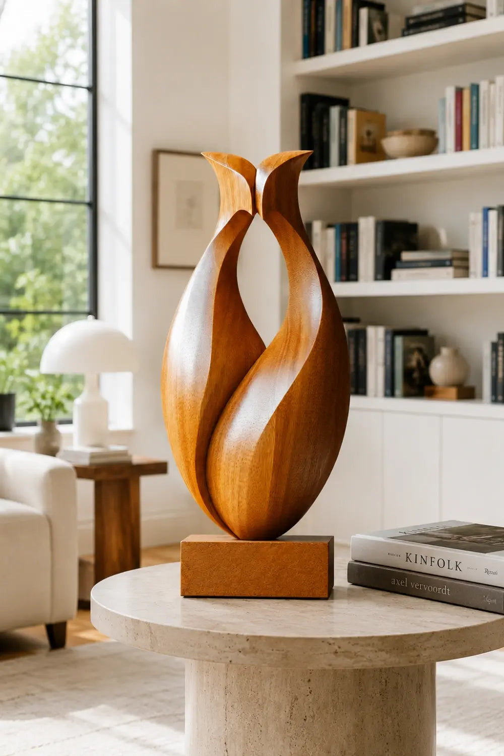 Abstract Wood Tulip Sculpture | Modernist Botanical Shelf Decor | Minimalist Art Gift