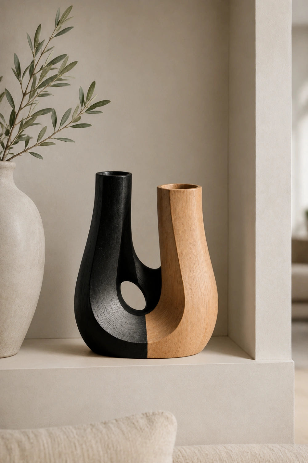 Japandi Two-Tone Wooden Vase | Abstract U-Shaped Decorative Vessel Unique Gift