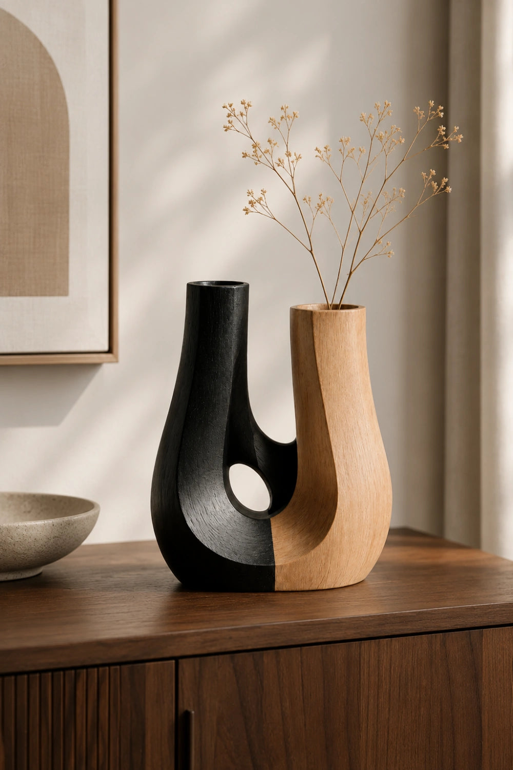 Japandi Two-Tone Wooden Vase | Abstract U-Shaped Decorative Vessel Unique Gift