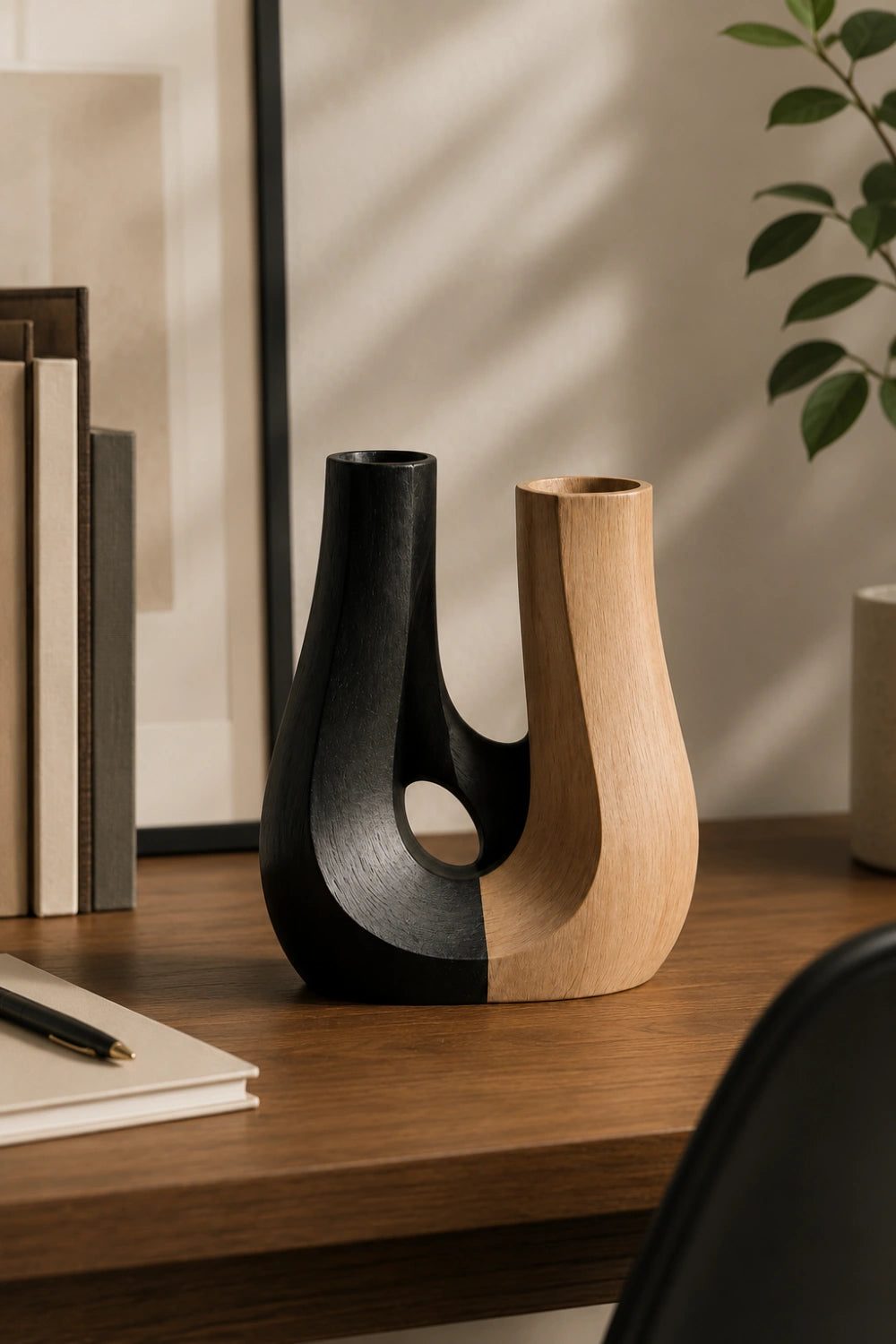 Japandi Two-Tone Wooden Vase | Abstract U-Shaped Decorative Vessel Unique Gift