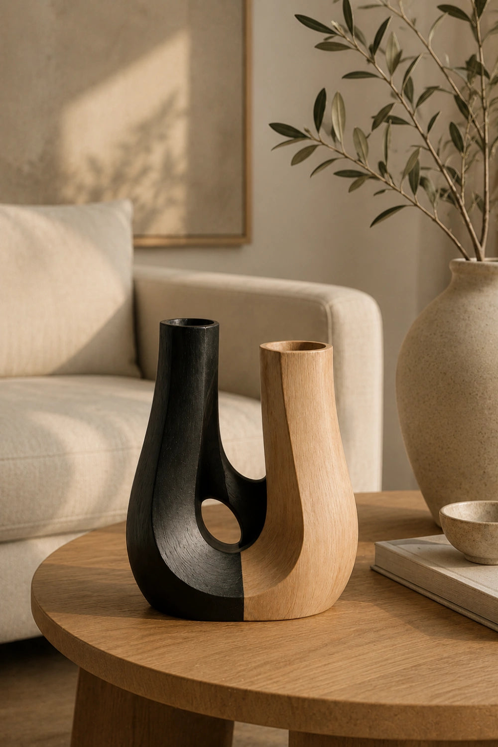 Japandi Two-Tone Wooden Vase | Abstract U-Shaped Decorative Vessel Unique Gift