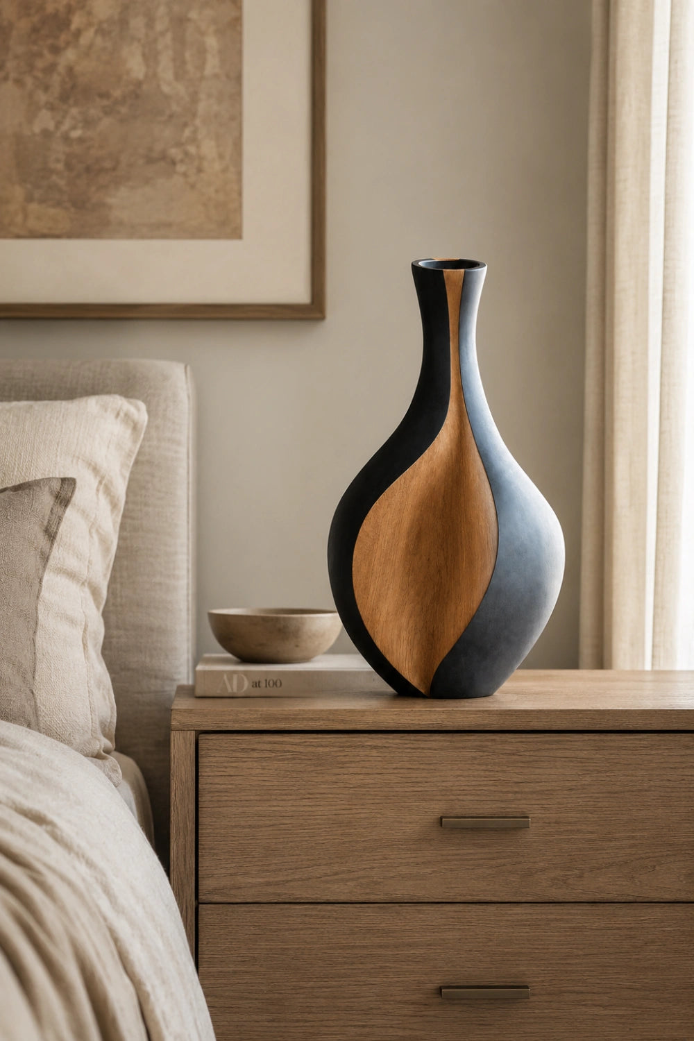 Duo-tone Sculptural Wood Vase | Minimalist Modern Vessel Unique Gift Idea