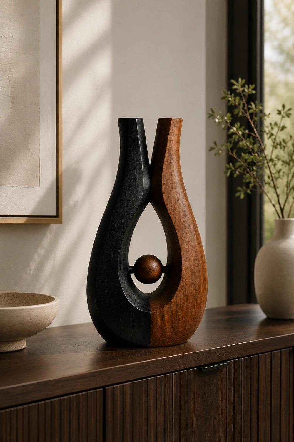Biomorphic Interlocking Wood Vase | Abstract Two-Tone Sculpture | Unique Aesthetic Gift