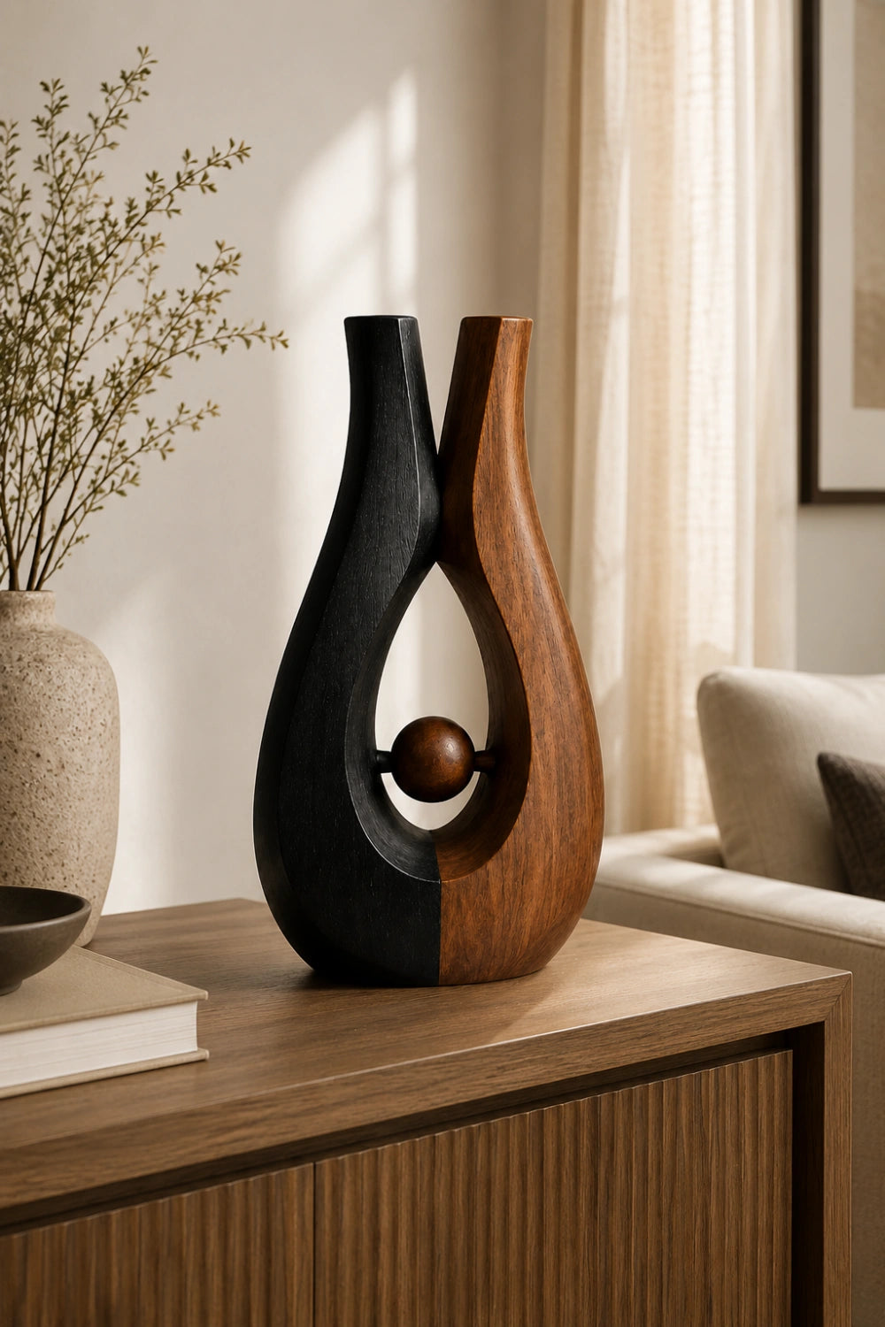 Biomorphic Interlocking Wood Vase | Abstract Two-Tone Sculpture | Unique Aesthetic Gift