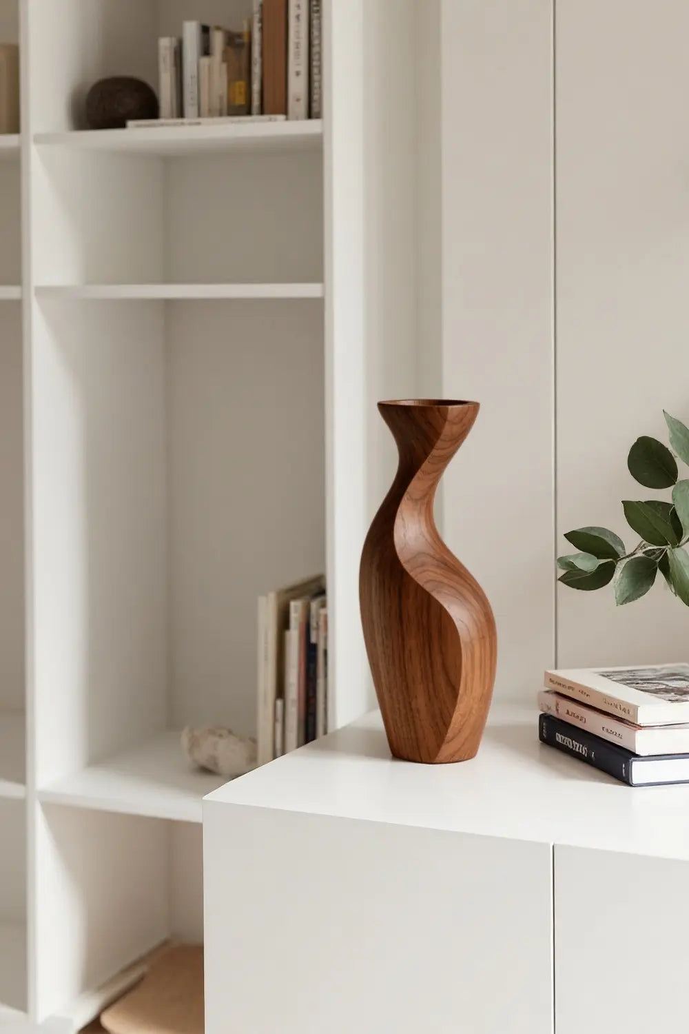 Organic Curved Wooden Vase Modern Solid Wood Flower Holder for Table Accents