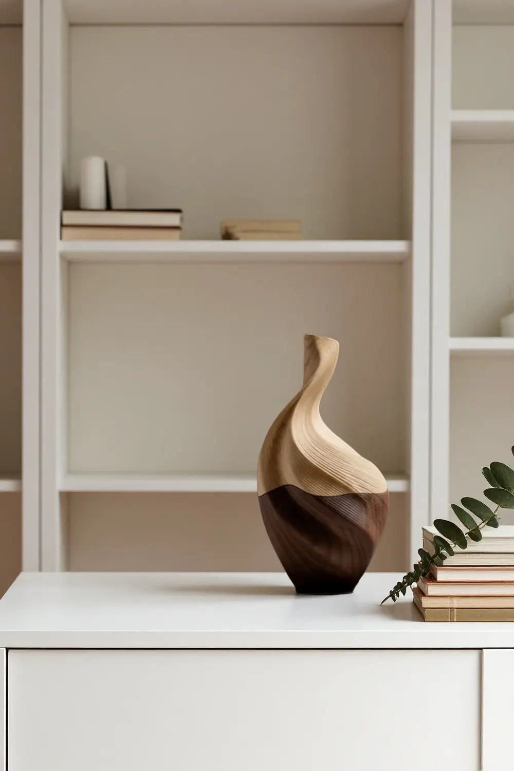 Sculpted Two-Tone Wood Vase Modern Twisted Decorative Flower Vase for Home