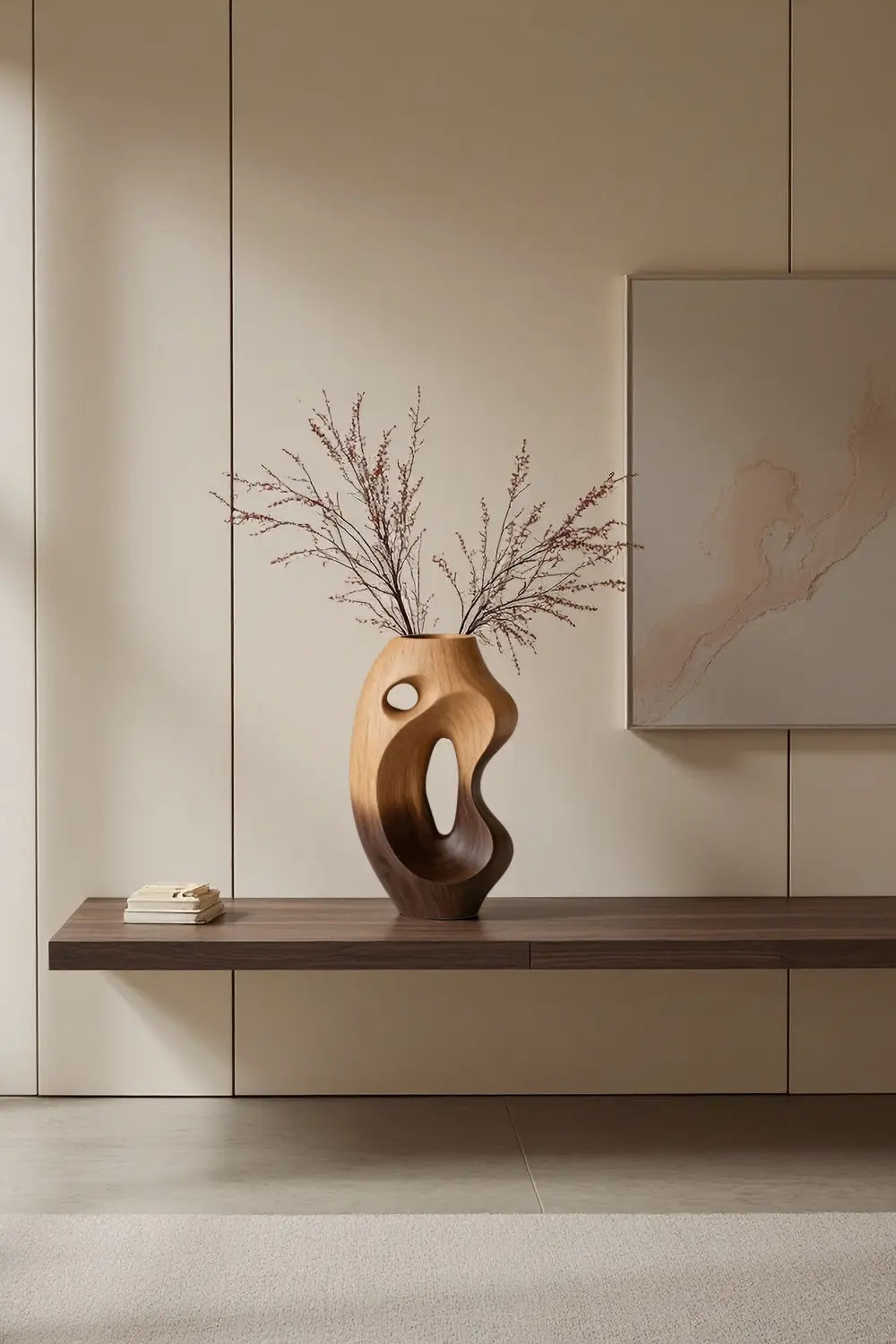 Organic Hollow Wood Art Vase Abstract Solid Wood Centerpiece for Living Room