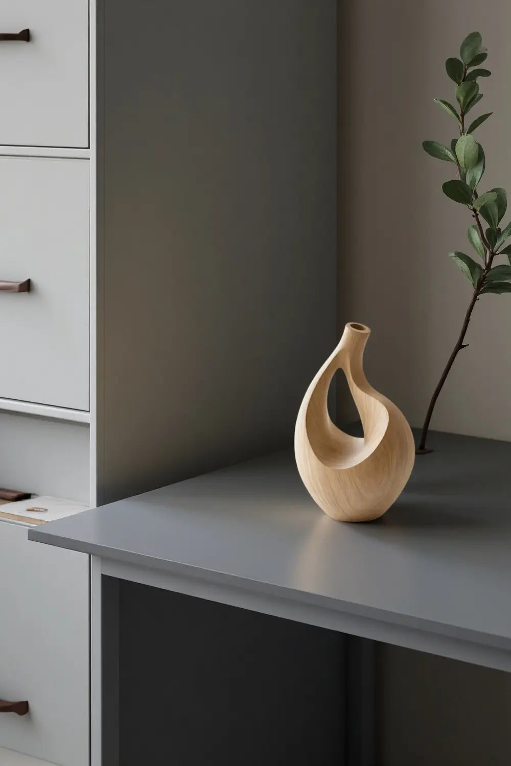 Unique Teardrop Wood Vase Sculpture Abstract Solid Wood Tabletop Decor