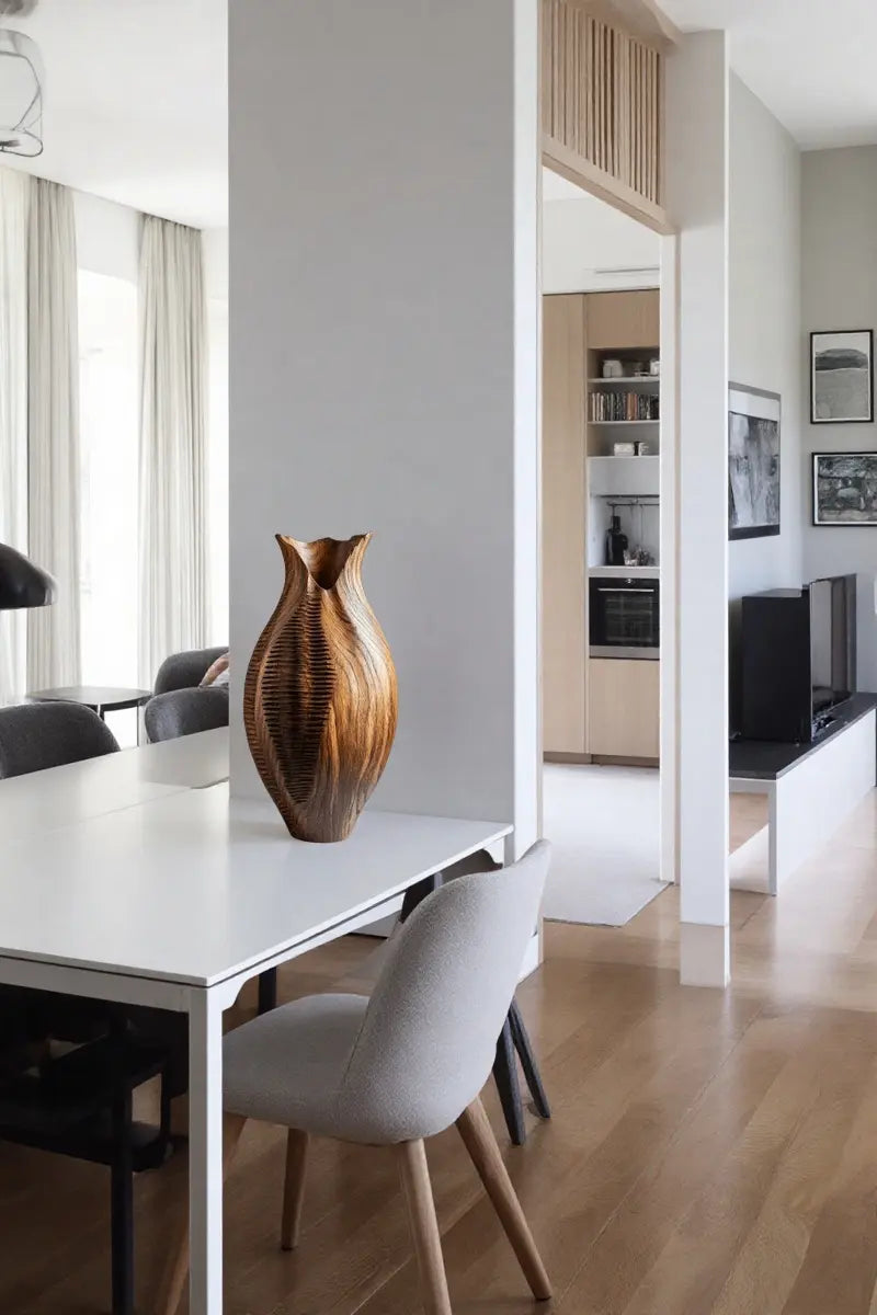 Artisanal Textured Wood Vase Sculpture | Unique Gift for Home Decoration