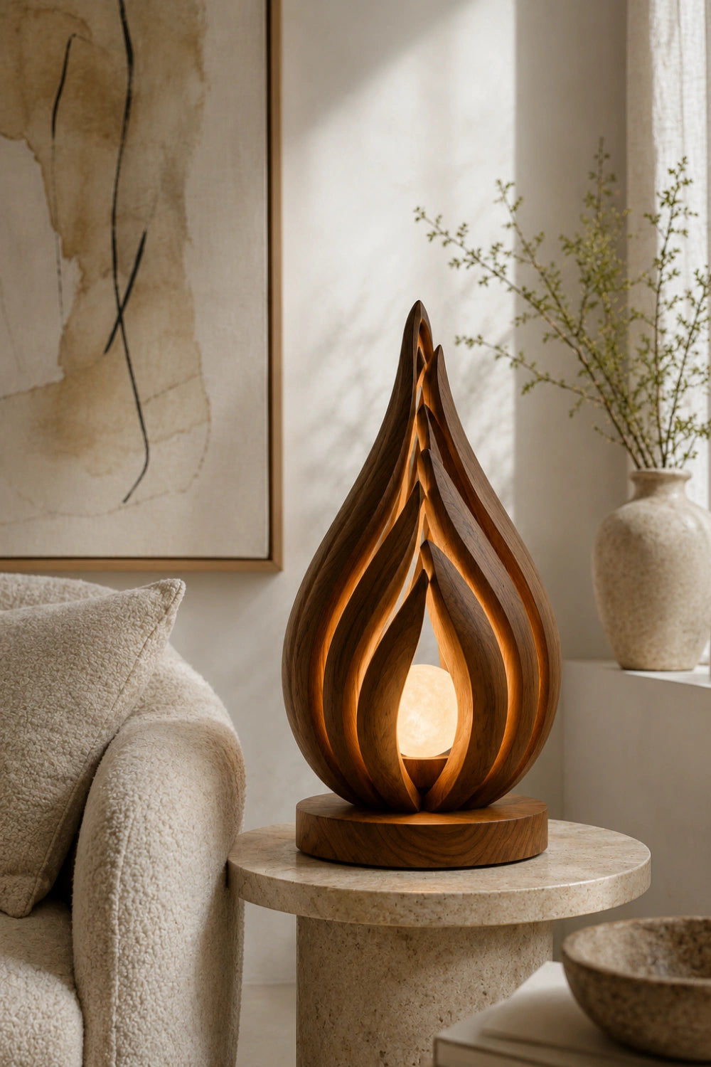 Lotus Bud Wooden Art Lamp | Sculptural Petal Mood Light for Home Decor