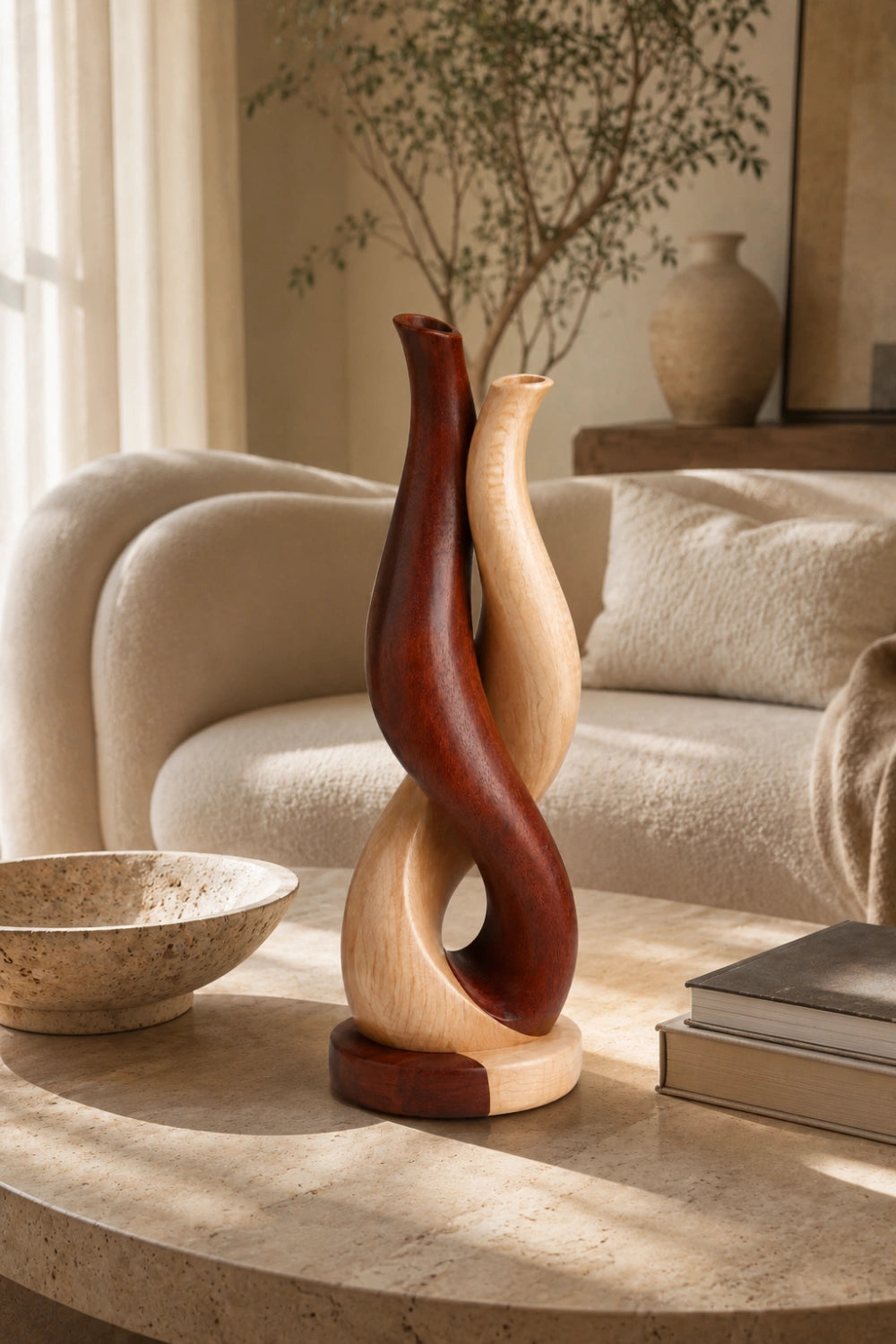 Modern Intertwined Two-Tone Wood Vase | Abstract Sculpture for Home Decor & Gift