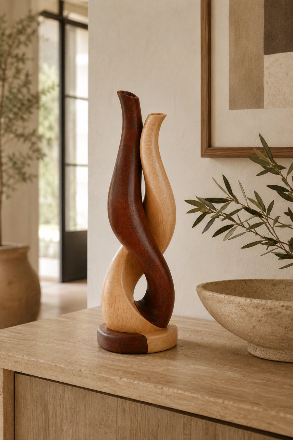 Modern Intertwined Two-Tone Wood Vase | Abstract Sculpture for Home Decor & Gift