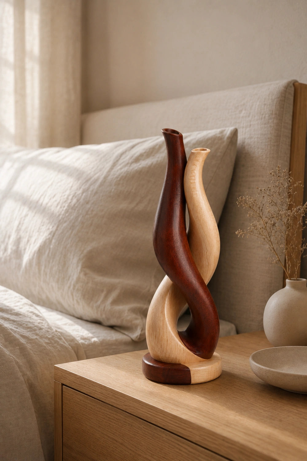 Modern Intertwined Two-Tone Wood Vase | Abstract Sculpture for Home Decor & Gift