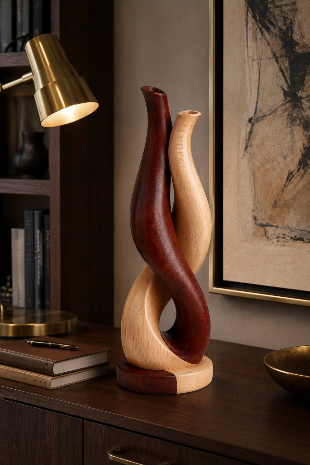 Modern Intertwined Two-Tone Wood Vase | Abstract Sculpture for Home Decor & Gift