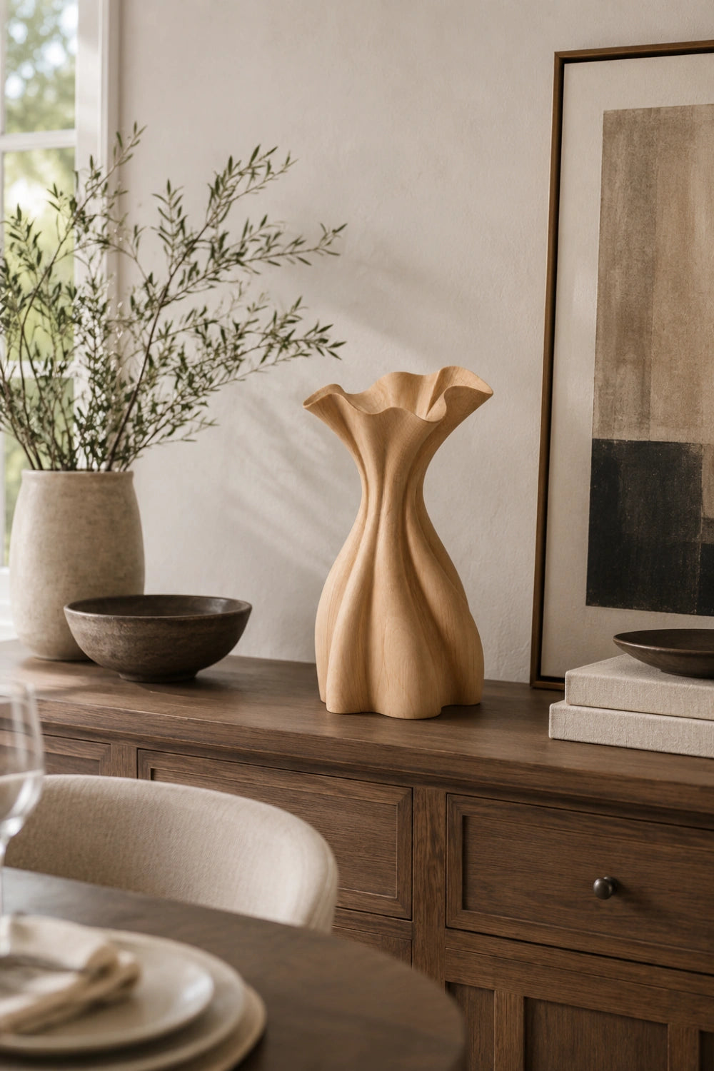 Flowing Pleated Wood Vase Sculpture | Aesthetic Gift for Modern Space Decor