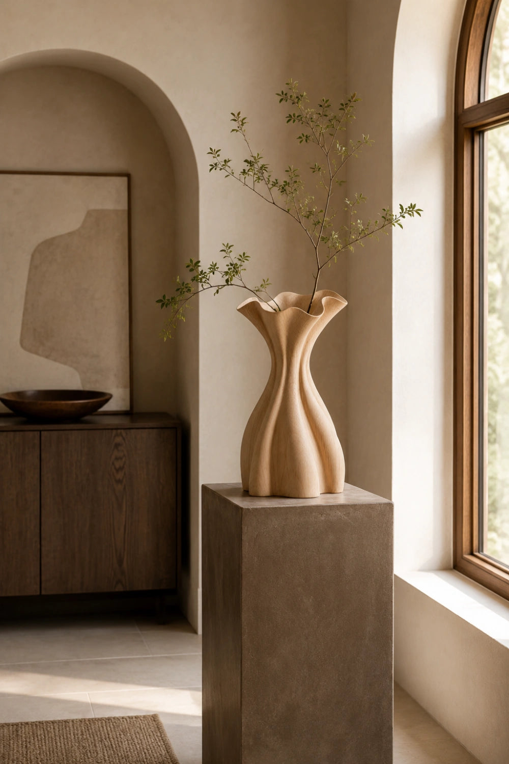Flowing Pleated Wood Vase Sculpture | Aesthetic Gift for Modern Space Decor
