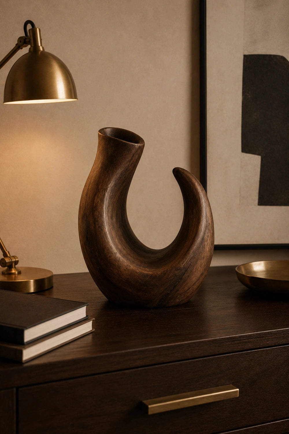 Modern C-Shape Wooden Vase Sculpture | Organic Art for Home Decor | Creative Gift