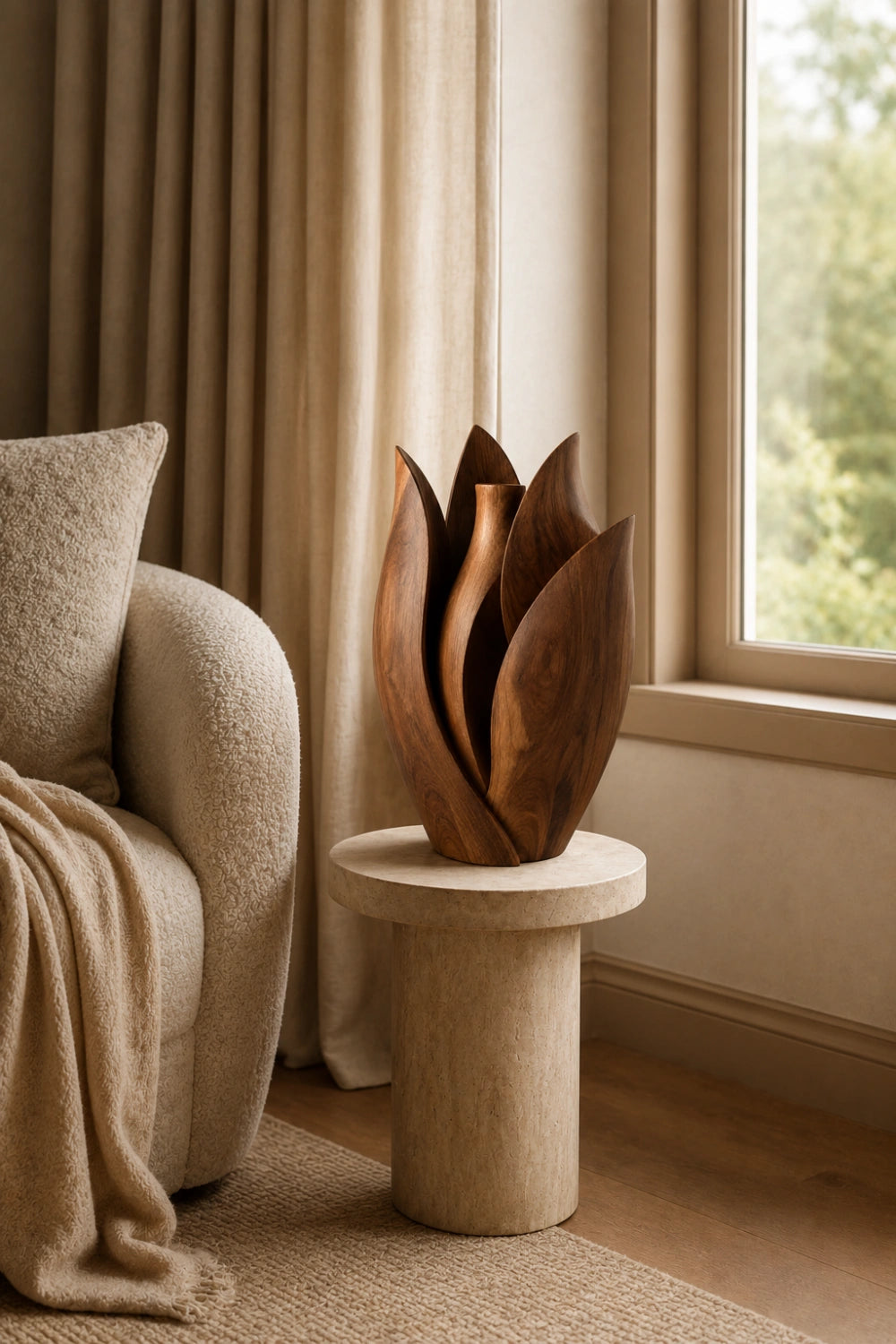 Blooming Tulip Wood Vase | Artistic Petal Sculpture for Modern Space Decor