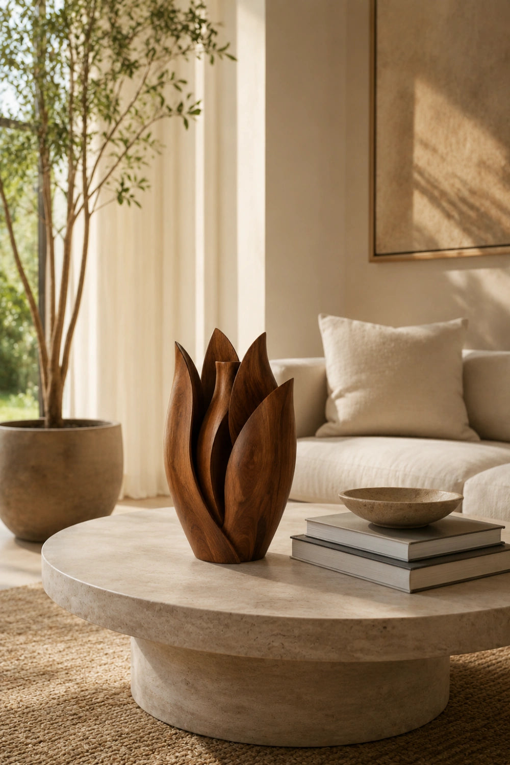 Blooming Tulip Wood Vase | Artistic Petal Sculpture for Modern Space Decor