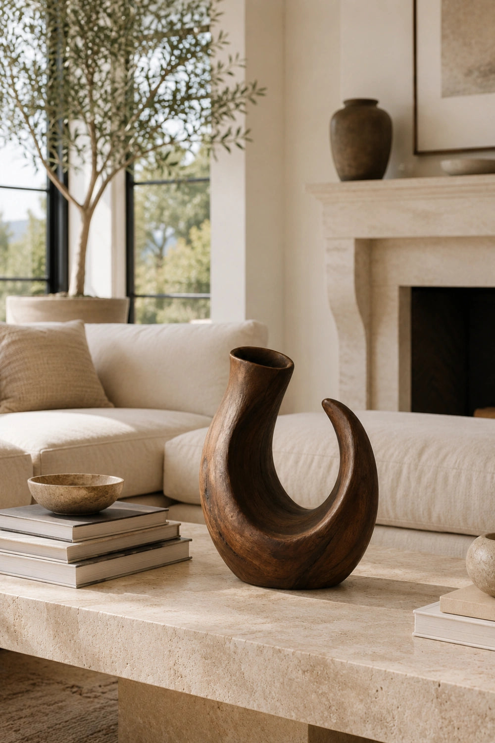 Modern C-Shape Wooden Vase Sculpture | Organic Art for Home Decor | Creative Gift