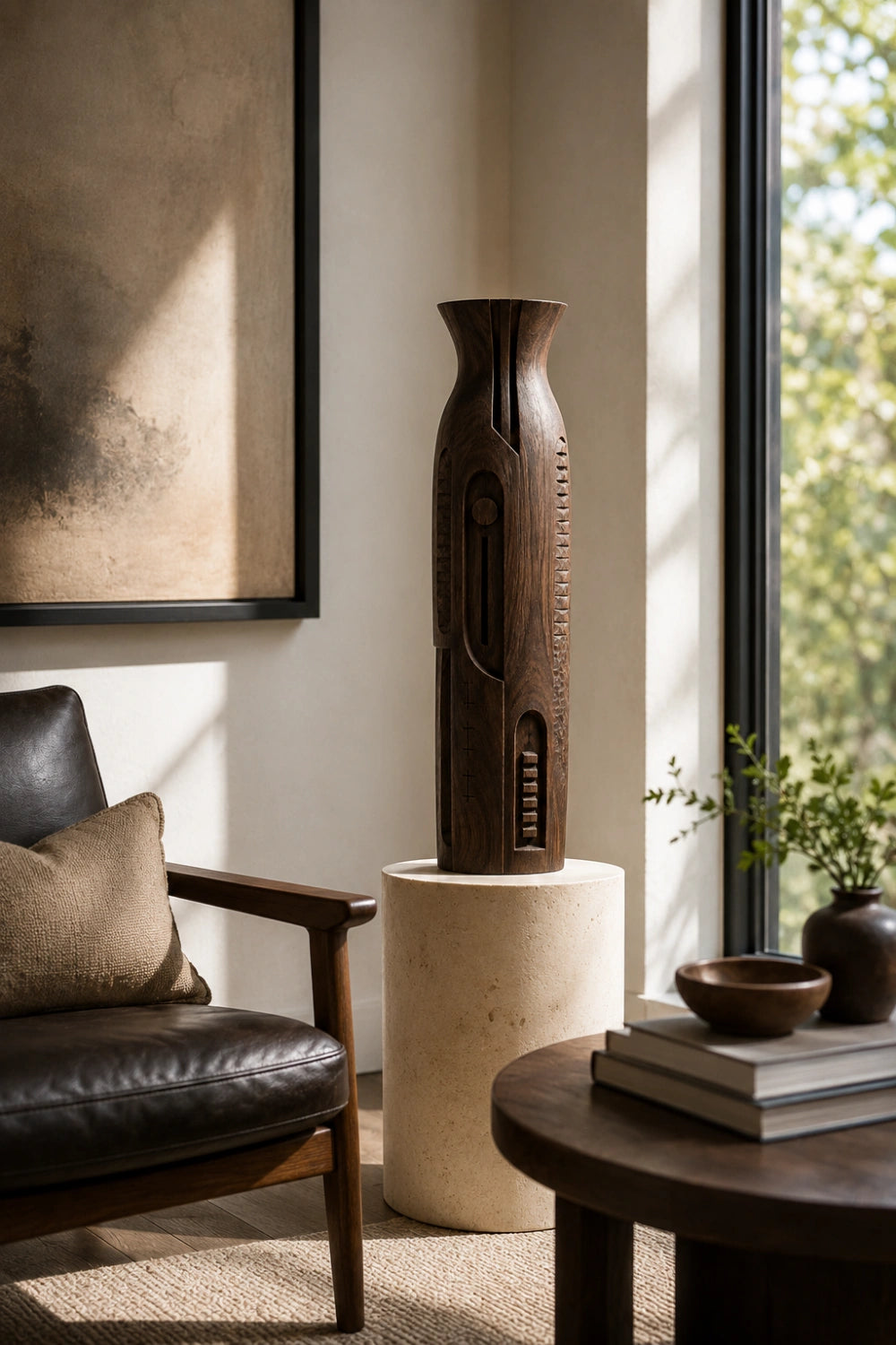 Linear Carved Wood Floor Vase | Sleek Geometric Sculpture | Modern Space Decor