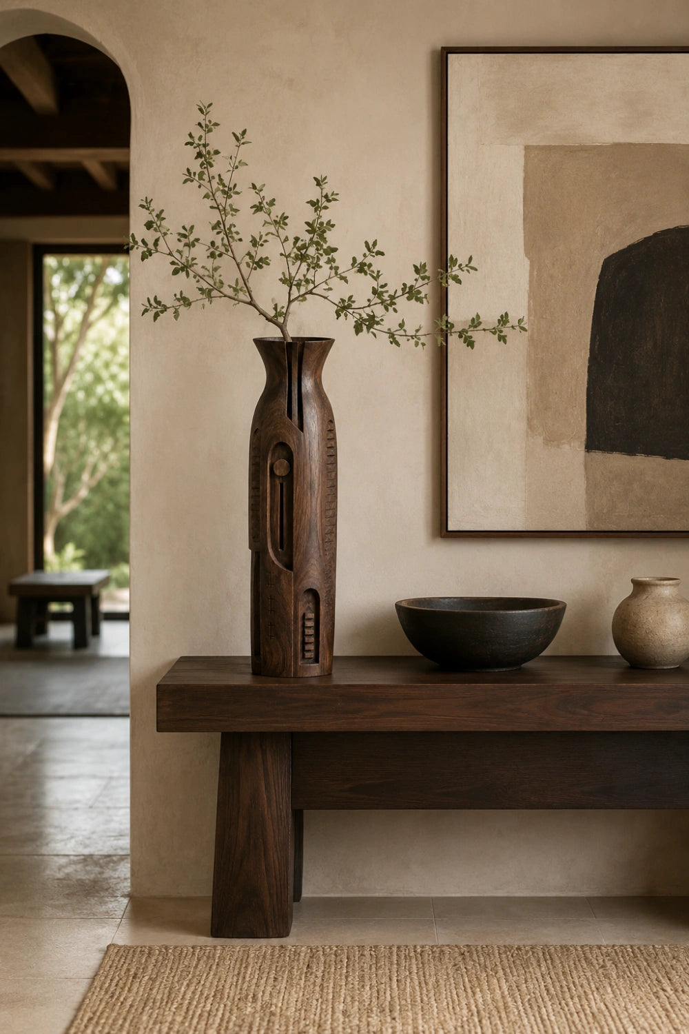 Linear Carved Wood Floor Vase | Sleek Geometric Sculpture | Modern Space Decor