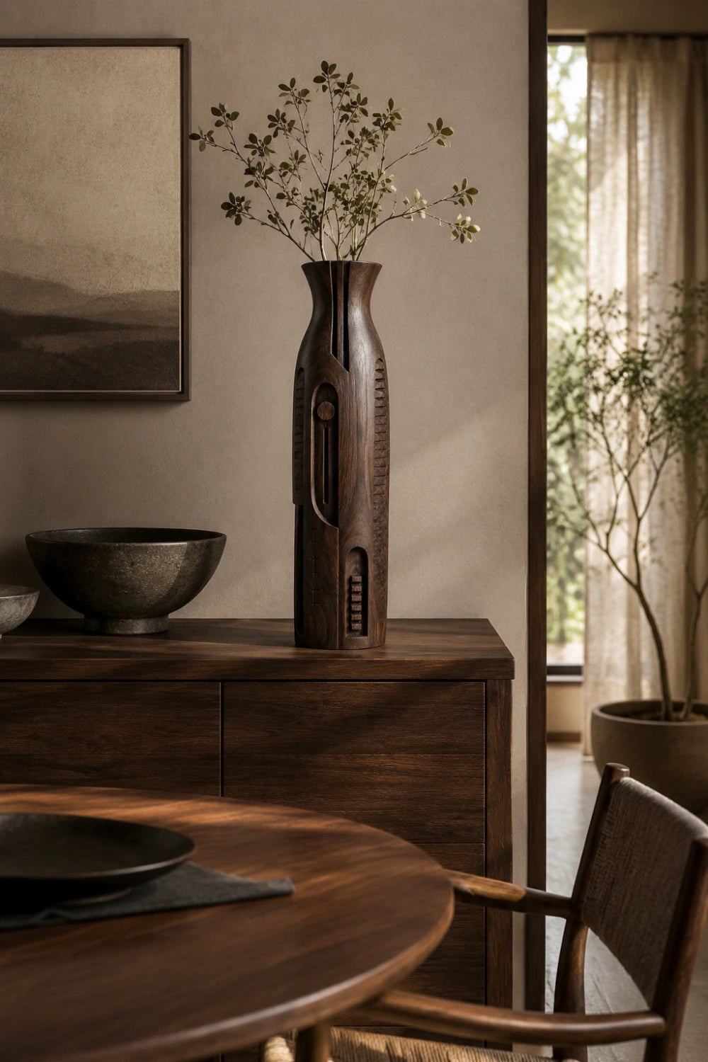 Linear Carved Wood Floor Vase | Sleek Geometric Sculpture | Modern Space Decor